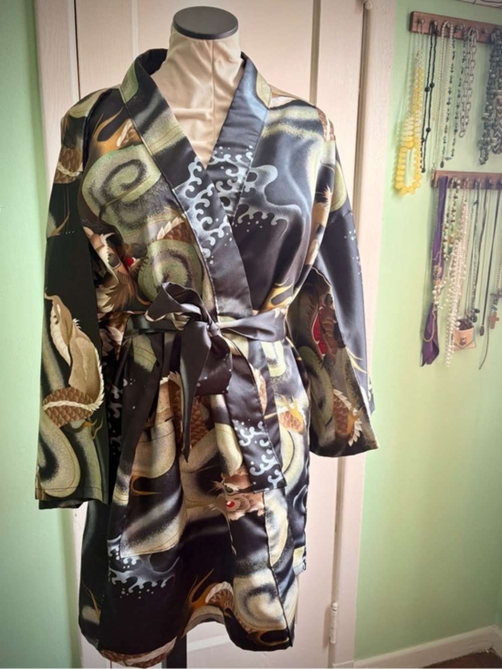 Black Satin Kimono Wrap Robe with Dragon Print